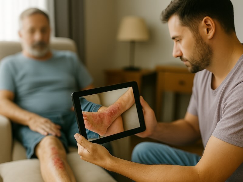Une scène d'une téléconsultation assistée à domicile de Domoplaies Nouvelle-Aquitaine