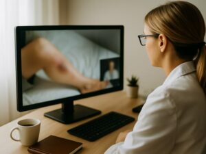 Une scène d'une experte réalisant une téléconsultation assistée à domicile de Domoplaies Nouvelle-Aquitaine