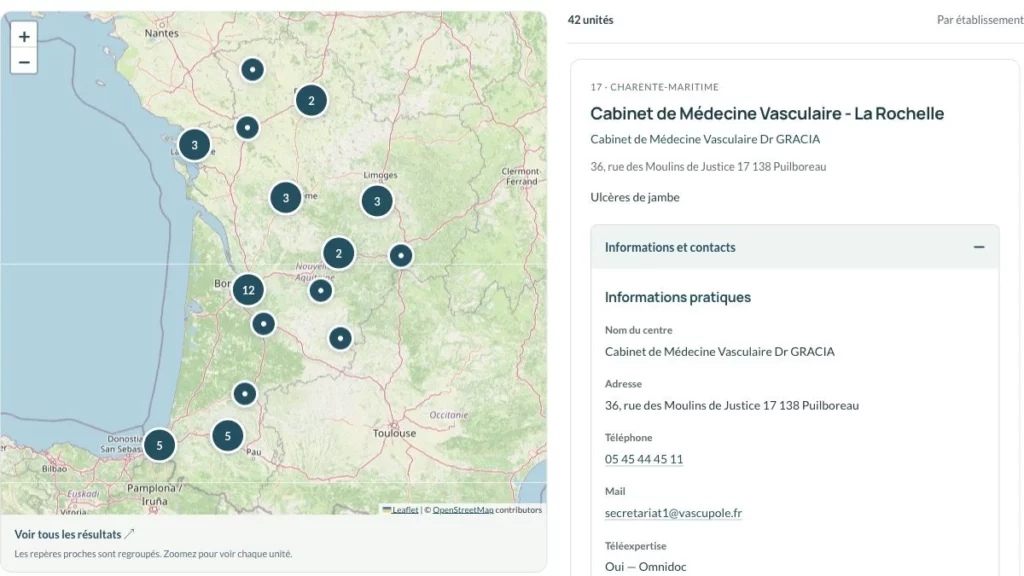 Carte de Nouvelle-Aquitaine et fiche dépliable d’une équipe spécialisée dans l’annuaire régional Domoplaies