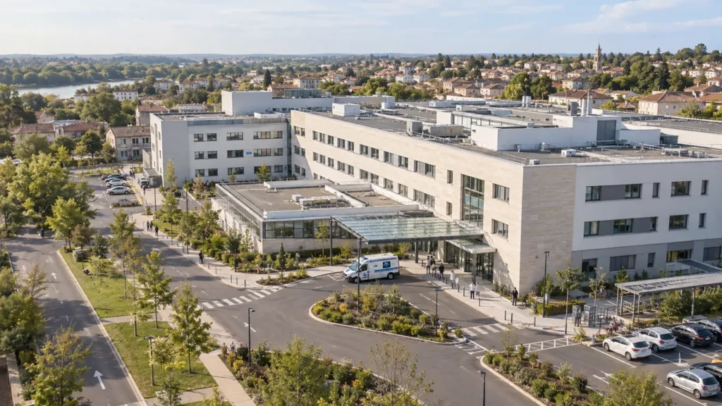 Vue aérienne d’un établissement de santé, illustration des centres spécialisés